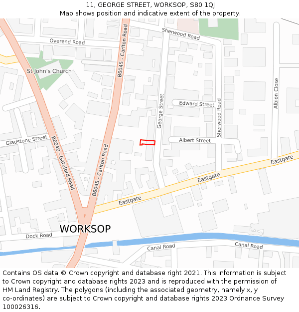 11, GEORGE STREET, WORKSOP, S80 1QJ: Location map and indicative extent of plot