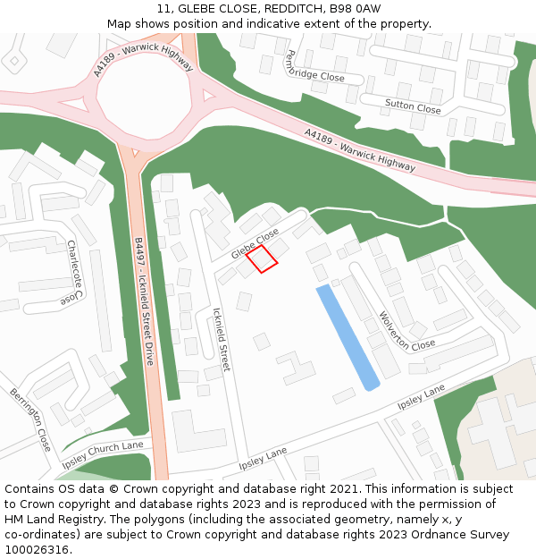 11, GLEBE CLOSE, REDDITCH, B98 0AW: Location map and indicative extent of plot