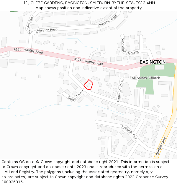 11, GLEBE GARDENS, EASINGTON, SALTBURN-BY-THE-SEA, TS13 4NN: Location map and indicative extent of plot