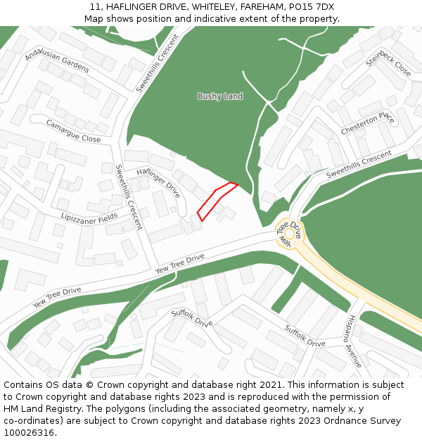 11, HAFLINGER DRIVE, WHITELEY, FAREHAM, PO15 7DX: Location map and indicative extent of plot