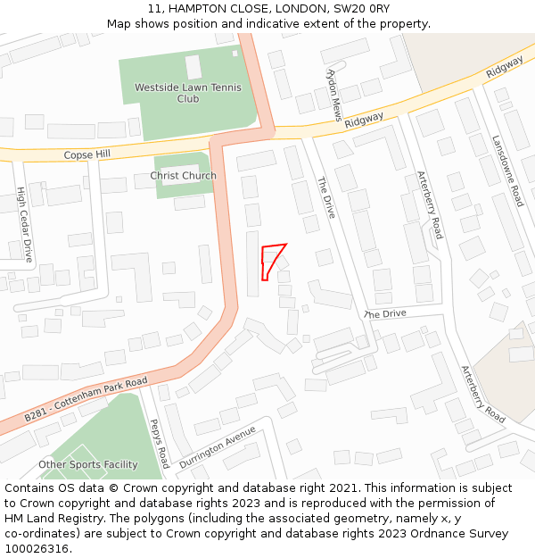 11, HAMPTON CLOSE, LONDON, SW20 0RY: Location map and indicative extent of plot