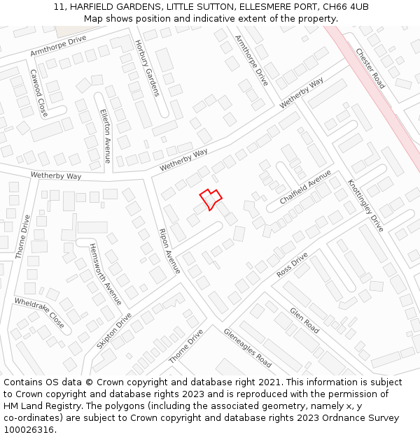 11, HARFIELD GARDENS, LITTLE SUTTON, ELLESMERE PORT, CH66 4UB: Location map and indicative extent of plot