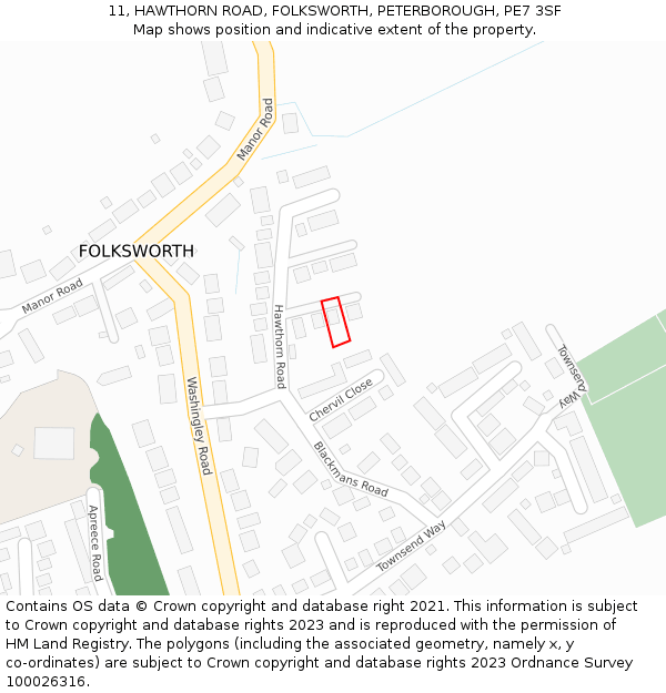 11, HAWTHORN ROAD, FOLKSWORTH, PETERBOROUGH, PE7 3SF: Location map and indicative extent of plot