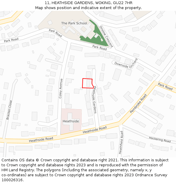 11, HEATHSIDE GARDENS, WOKING, GU22 7HR: Location map and indicative extent of plot