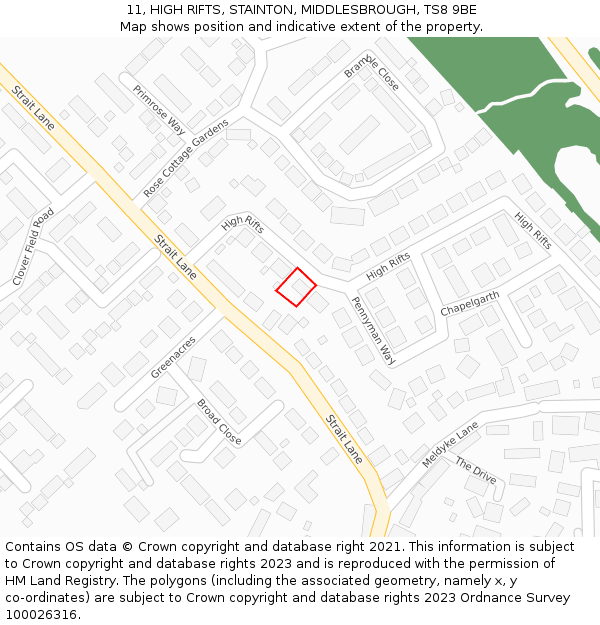 11, HIGH RIFTS, STAINTON, MIDDLESBROUGH, TS8 9BE: Location map and indicative extent of plot