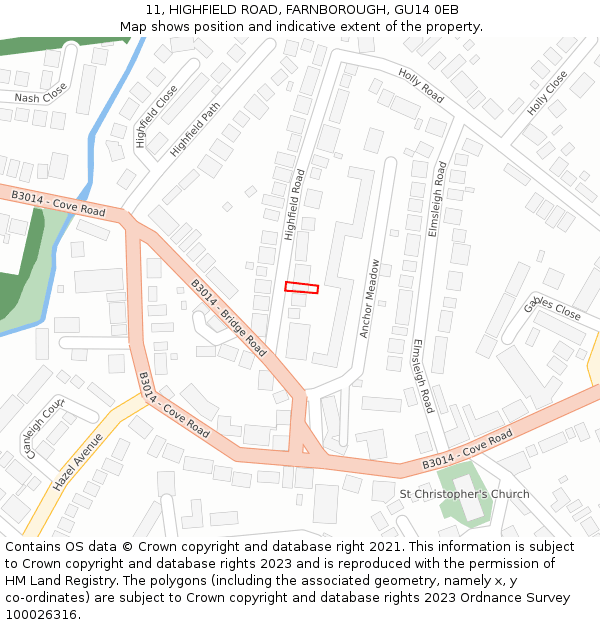 11, HIGHFIELD ROAD, FARNBOROUGH, GU14 0EB: Location map and indicative extent of plot