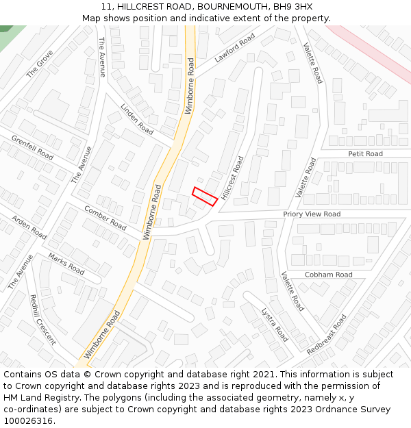 11, HILLCREST ROAD, BOURNEMOUTH, BH9 3HX: Location map and indicative extent of plot