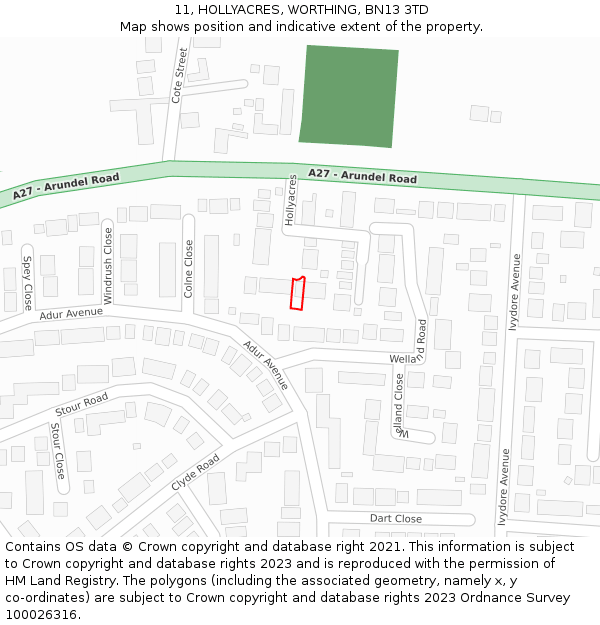 11, HOLLYACRES, WORTHING, BN13 3TD: Location map and indicative extent of plot