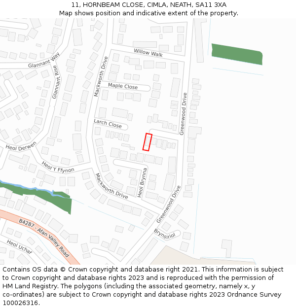 11, HORNBEAM CLOSE, CIMLA, NEATH, SA11 3XA: Location map and indicative extent of plot