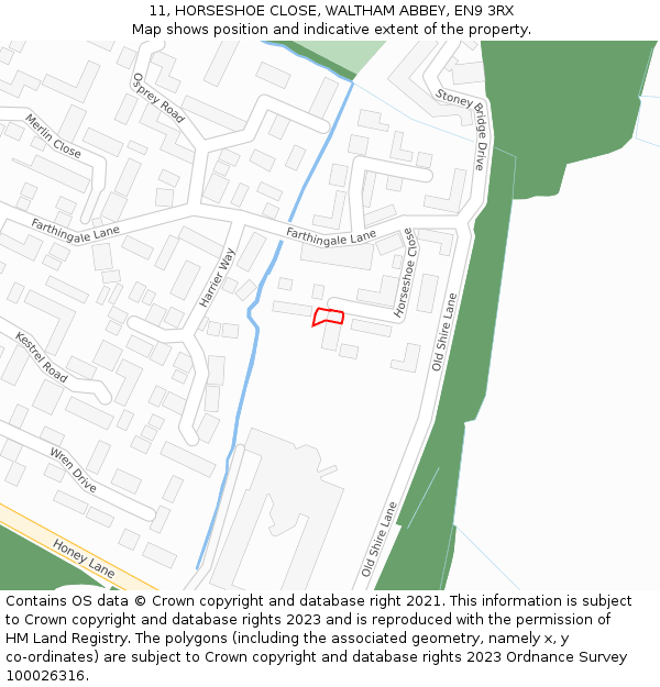 11, HORSESHOE CLOSE, WALTHAM ABBEY, EN9 3RX: Location map and indicative extent of plot