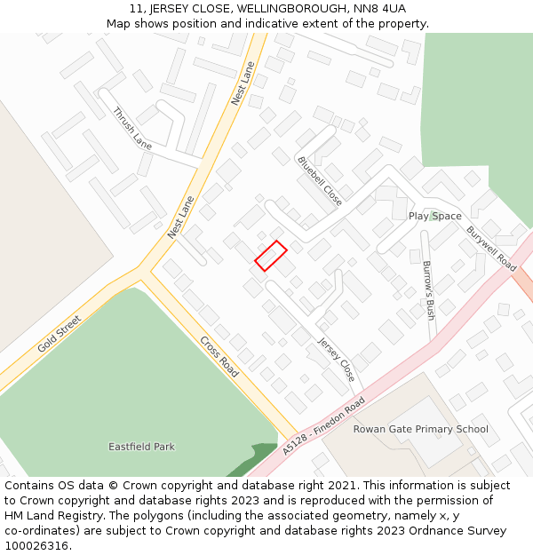 11, JERSEY CLOSE, WELLINGBOROUGH, NN8 4UA: Location map and indicative extent of plot