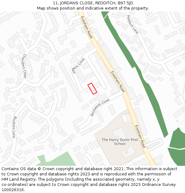 11, JORDANS CLOSE, REDDITCH, B97 5JD: Location map and indicative extent of plot