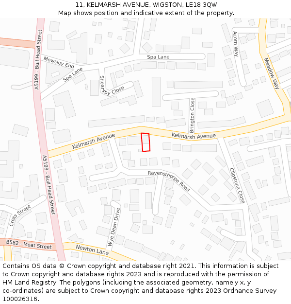 11, KELMARSH AVENUE, WIGSTON, LE18 3QW: Location map and indicative extent of plot