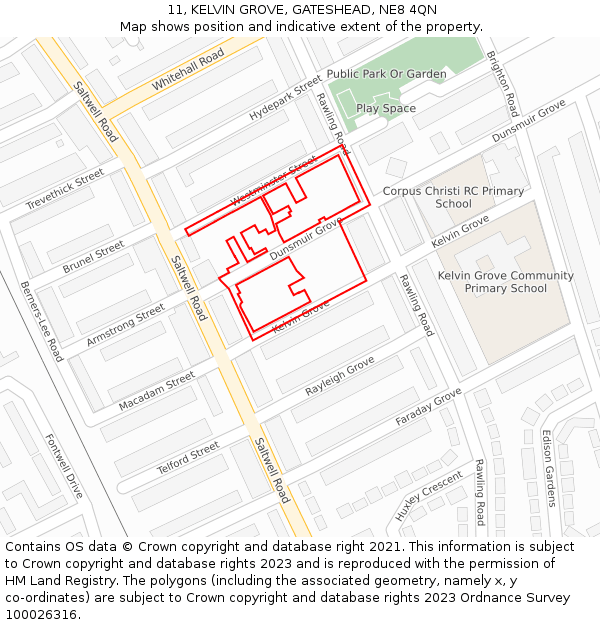 11, KELVIN GROVE, GATESHEAD, NE8 4QN: Location map and indicative extent of plot