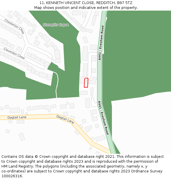 11, KENNETH VINCENT CLOSE, REDDITCH, B97 5TZ: Location map and indicative extent of plot