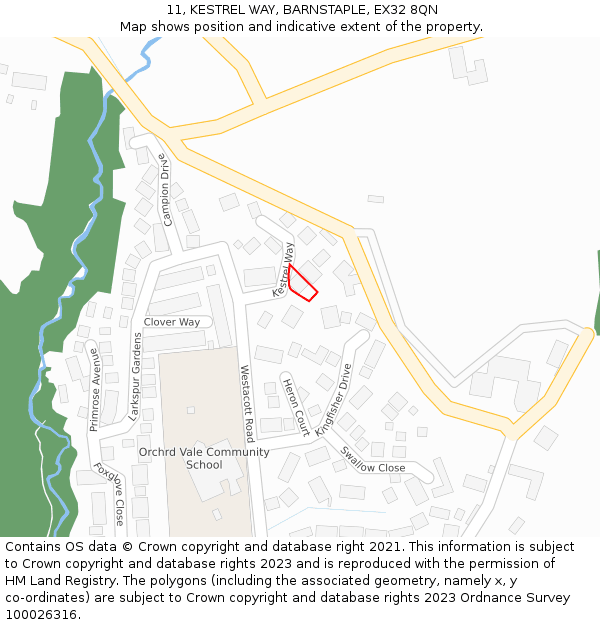11, KESTREL WAY, BARNSTAPLE, EX32 8QN: Location map and indicative extent of plot