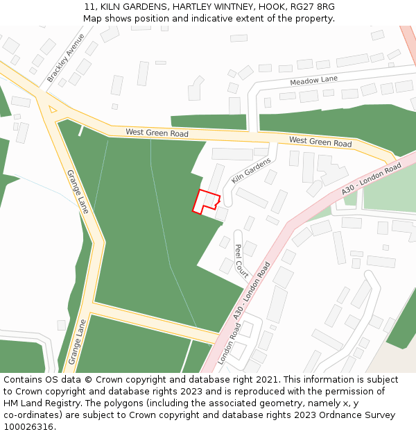 11, KILN GARDENS, HARTLEY WINTNEY, HOOK, RG27 8RG: Location map and indicative extent of plot