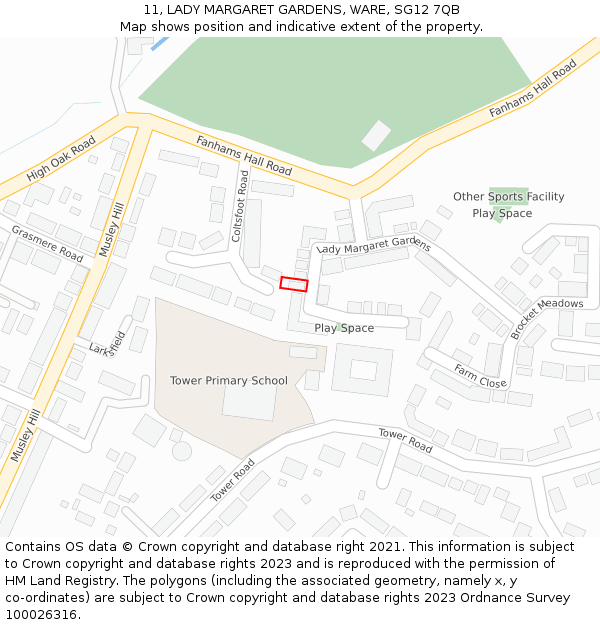 11, LADY MARGARET GARDENS, WARE, SG12 7QB: Location map and indicative extent of plot