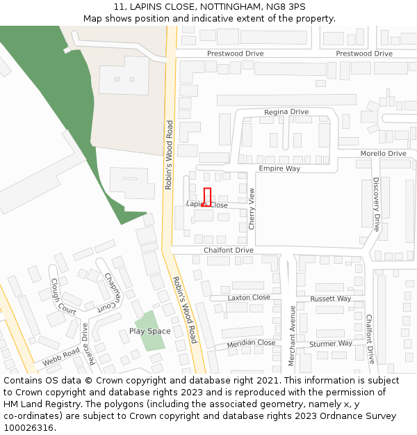 11, LAPINS CLOSE, NOTTINGHAM, NG8 3PS: Location map and indicative extent of plot