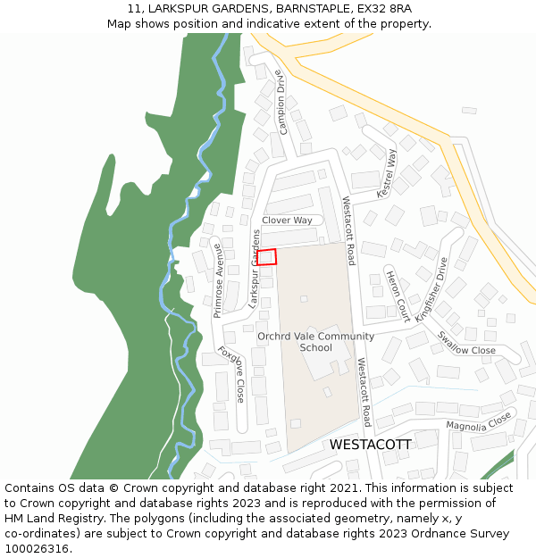 11, LARKSPUR GARDENS, BARNSTAPLE, EX32 8RA: Location map and indicative extent of plot