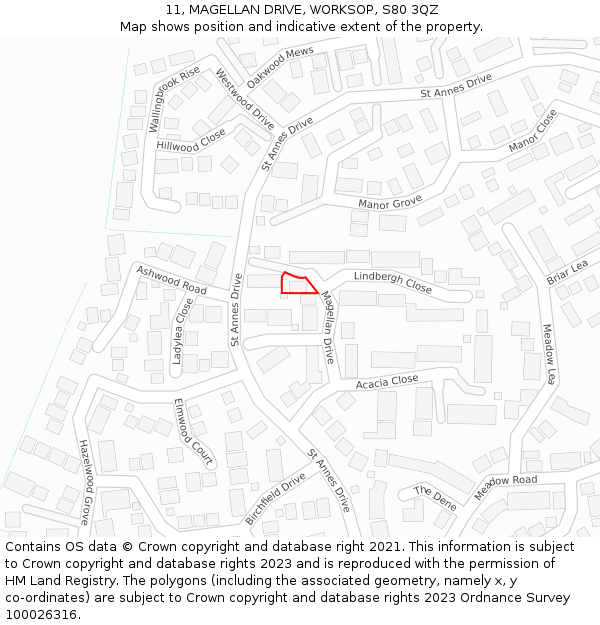 11, MAGELLAN DRIVE, WORKSOP, S80 3QZ: Location map and indicative extent of plot