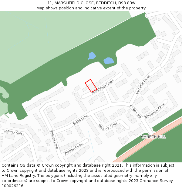 11, MARSHFIELD CLOSE, REDDITCH, B98 8RW: Location map and indicative extent of plot
