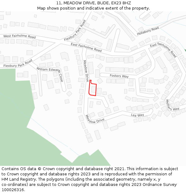 11, MEADOW DRIVE, BUDE, EX23 8HZ: Location map and indicative extent of plot