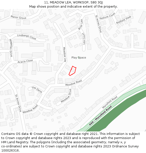 11, MEADOW LEA, WORKSOP, S80 3QJ: Location map and indicative extent of plot