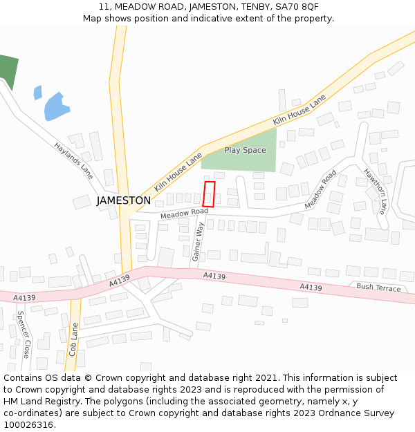 11, MEADOW ROAD, JAMESTON, TENBY, SA70 8QF: Location map and indicative extent of plot