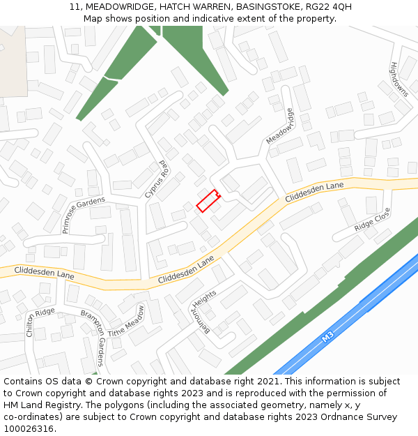 11, MEADOWRIDGE, HATCH WARREN, BASINGSTOKE, RG22 4QH: Location map and indicative extent of plot