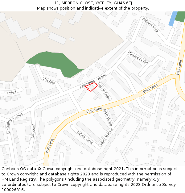 11, MERRON CLOSE, YATELEY, GU46 6EJ: Location map and indicative extent of plot