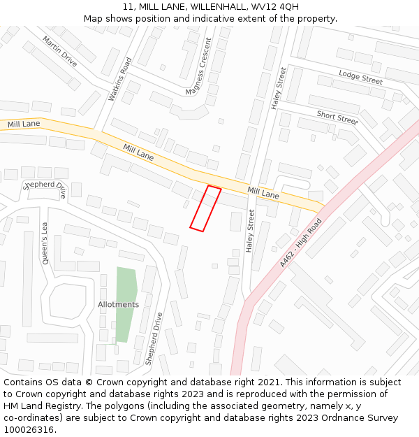 11, MILL LANE, WILLENHALL, WV12 4QH: Location map and indicative extent of plot