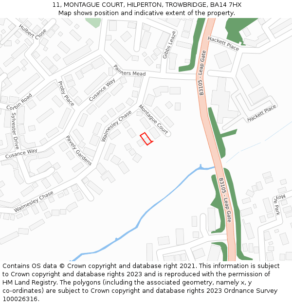 11, MONTAGUE COURT, HILPERTON, TROWBRIDGE, BA14 7HX: Location map and indicative extent of plot