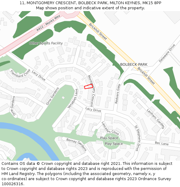 11, MONTGOMERY CRESCENT, BOLBECK PARK, MILTON KEYNES, MK15 8PP: Location map and indicative extent of plot