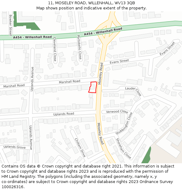 11, MOSELEY ROAD, WILLENHALL, WV13 3QB: Location map and indicative extent of plot