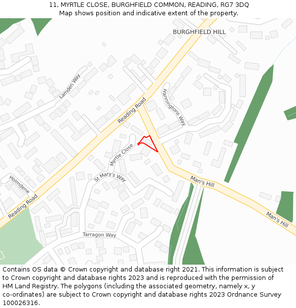 11, MYRTLE CLOSE, BURGHFIELD COMMON, READING, RG7 3DQ: Location map and indicative extent of plot