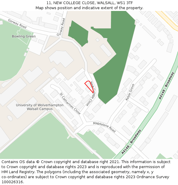 11, NEW COLLEGE CLOSE, WALSALL, WS1 3TF: Location map and indicative extent of plot