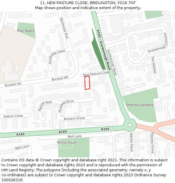 11, NEW PASTURE CLOSE, BRIDLINGTON, YO16 7NT: Location map and indicative extent of plot
