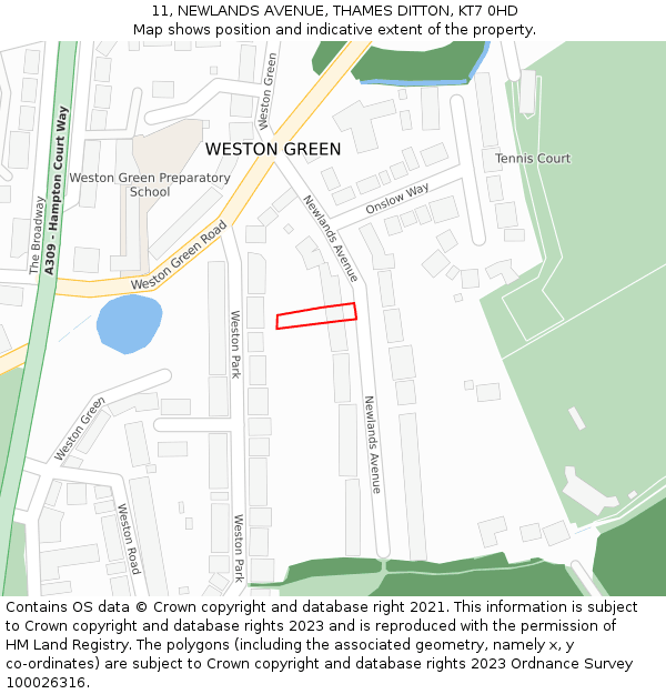 11, NEWLANDS AVENUE, THAMES DITTON, KT7 0HD: Location map and indicative extent of plot