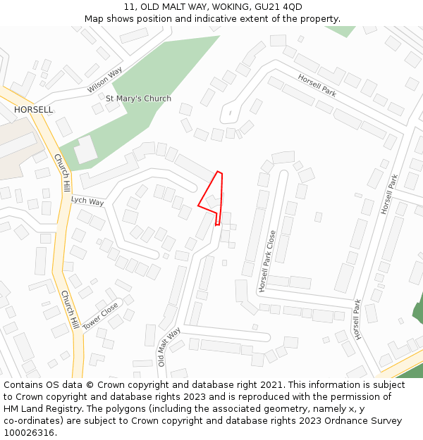 11, OLD MALT WAY, WOKING, GU21 4QD: Location map and indicative extent of plot