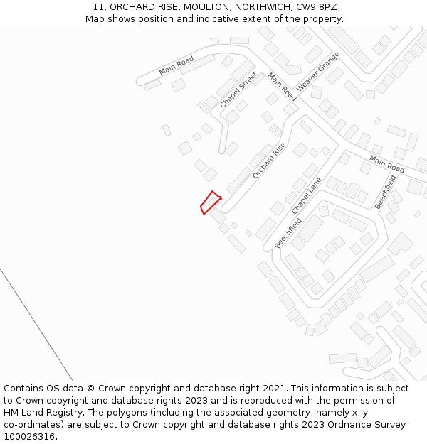 11, ORCHARD RISE, MOULTON, NORTHWICH, CW9 8PZ: Location map and indicative extent of plot