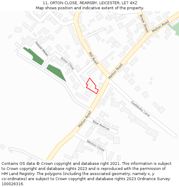 11, ORTON CLOSE, REARSBY, LEICESTER, LE7 4XZ: Location map and indicative extent of plot