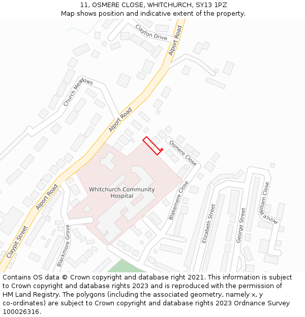 11, OSMERE CLOSE, WHITCHURCH, SY13 1PZ: Location map and indicative extent of plot