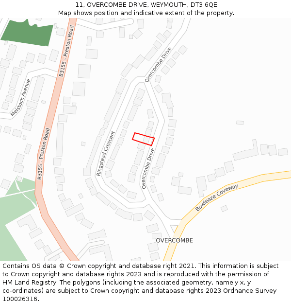 11, OVERCOMBE DRIVE, WEYMOUTH, DT3 6QE: Location map and indicative extent of plot