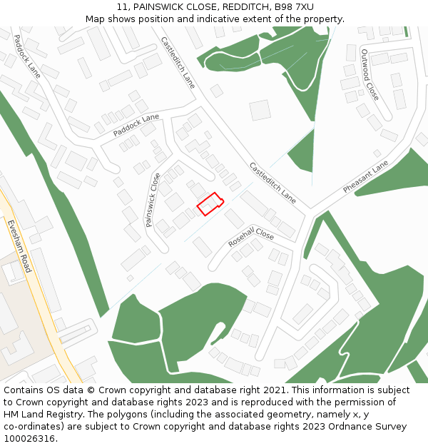 11, PAINSWICK CLOSE, REDDITCH, B98 7XU: Location map and indicative extent of plot