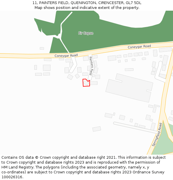 11, PAINTERS FIELD, QUENINGTON, CIRENCESTER, GL7 5DL: Location map and indicative extent of plot