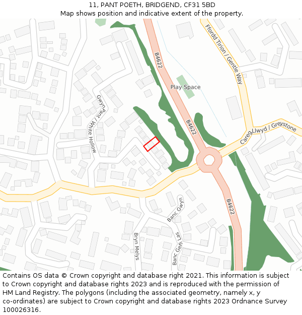 11, PANT POETH, BRIDGEND, CF31 5BD: Location map and indicative extent of plot