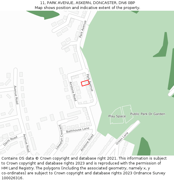 11, PARK AVENUE, ASKERN, DONCASTER, DN6 0BP: Location map and indicative extent of plot