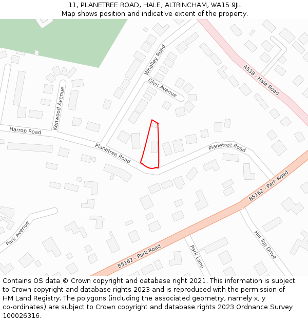11, PLANETREE ROAD, HALE, ALTRINCHAM, WA15 9JL: Location map and indicative extent of plot