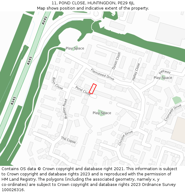 11, POND CLOSE, HUNTINGDON, PE29 6JL: Location map and indicative extent of plot